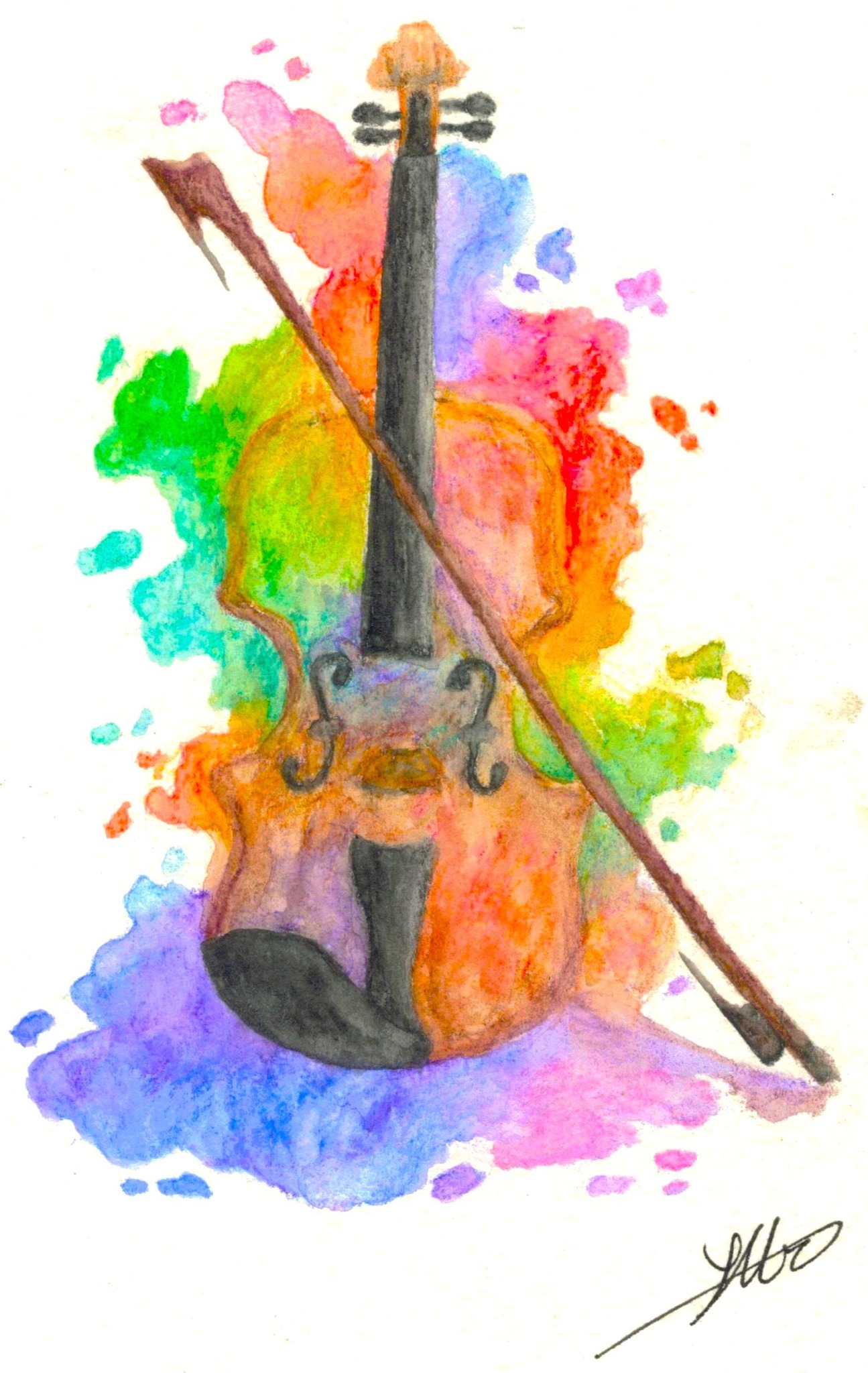 Violin and bow surrounded by colorful watercolor washes